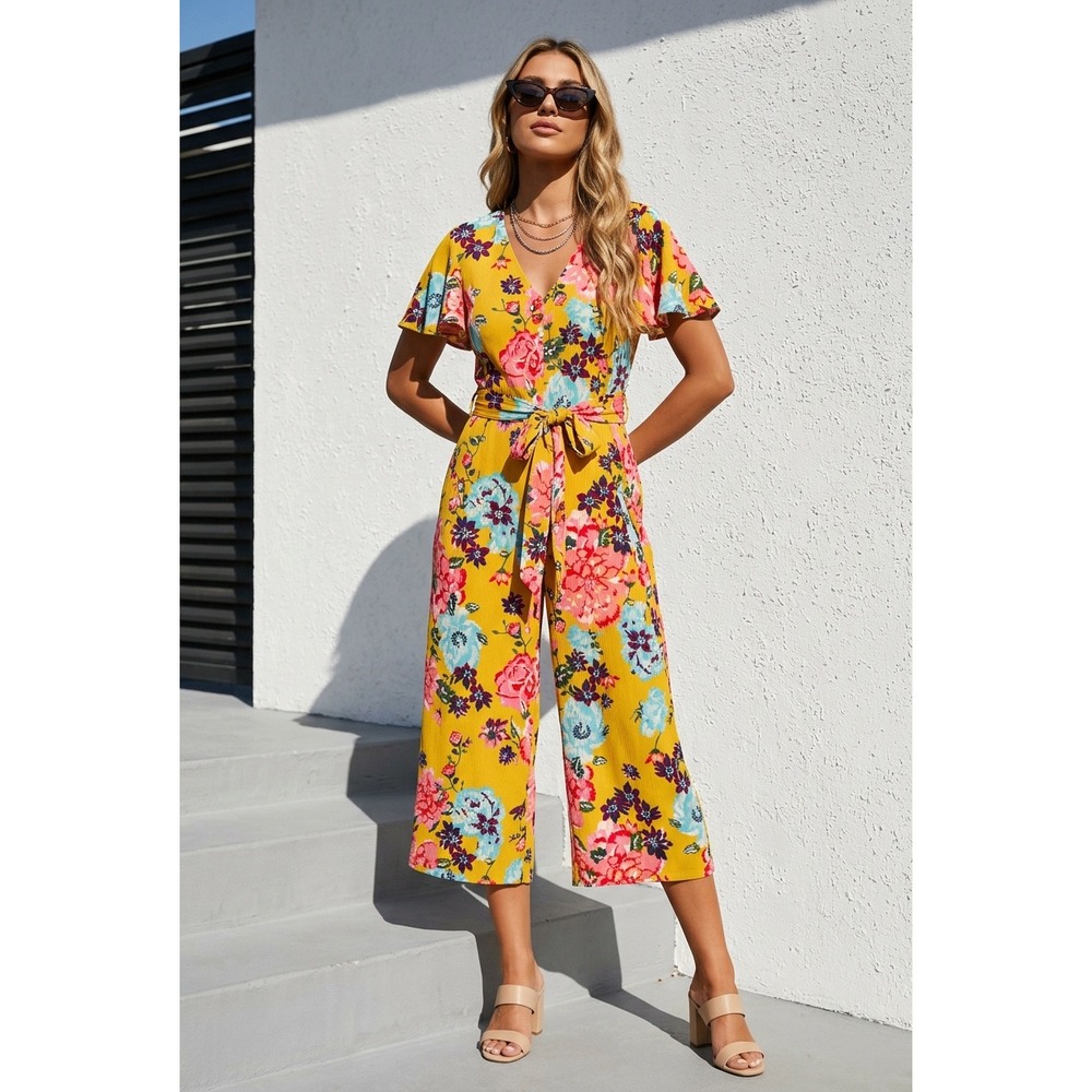 Tahari Arthur S. Levine Size 16 Yellow Floral Flutter Sleeve Wide Leg Jumpsuit‎